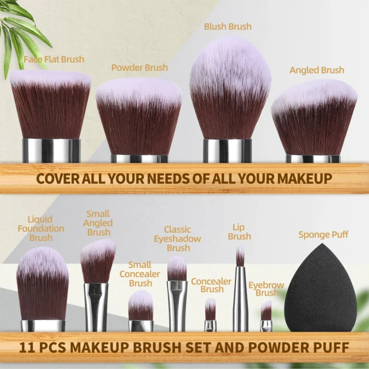 BS-MALL Makeup Brush Set 11Pcs Natural Bamboo Handle Cosmetic Brushes Vegan Cruelty-free Makeup Brushes Makeup Sponge Set - Image 2