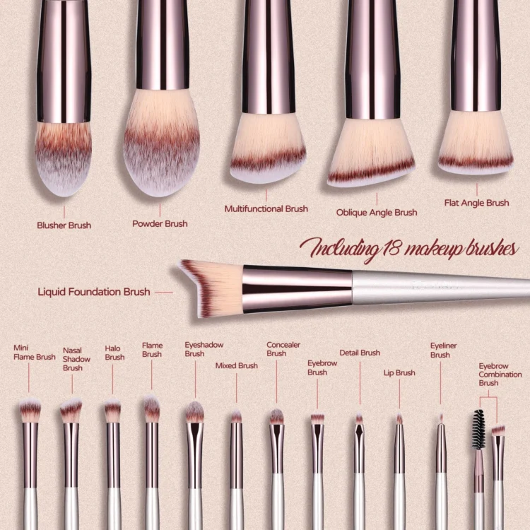 BS-MALL 18pcs Champagne Gold Makeup Brush Private Label Custom Makeup Cosmetic Brushes Set with Brush Holder - Image 2